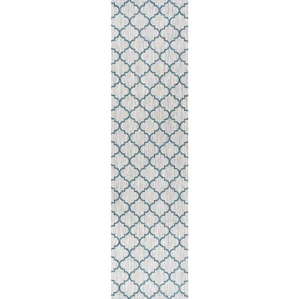 Arabesque Ogee Trellis Gray/Teal 2 ft. x 10 ft. Indoor/Outdoor Runner Rug