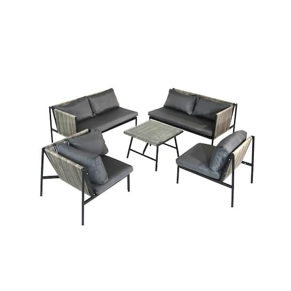 Zeus & Ruta 5-Piece Luxury Rattan Wicker Outdoor Patio Conversation Sectional Sofa Seating Set with Black Cushions and Coffee Table