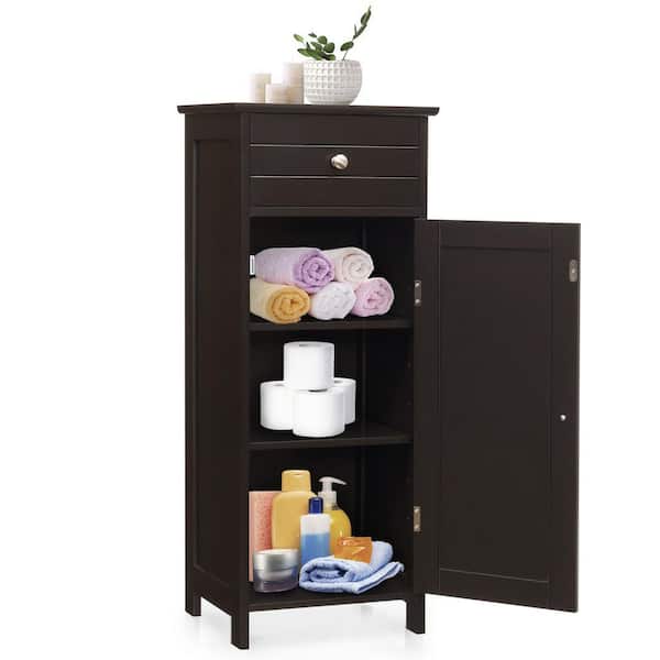 ANGELES HOME 14 in. W x 12 in. D x 34.5 in. H Brown Wooden Storage Free-Standing Floor Linen Cabinet with Drawer and Adjustable Shelf