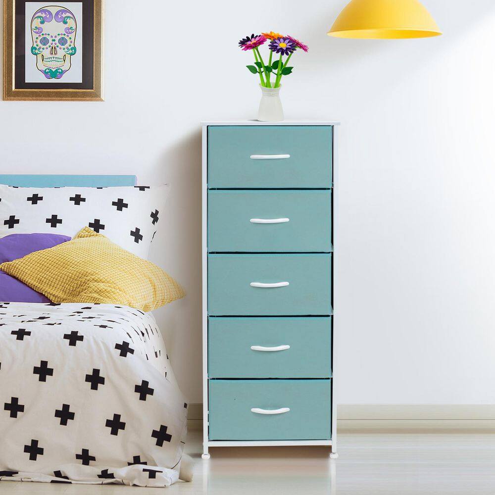 Aqua Fabric 5-Drawer Tall Storage Dresser with Steel Frame