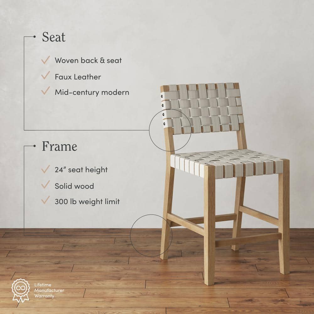 Set of 4 White Woven Faux Leather Bar Stools with Solid Wood Legs