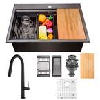 Gunmetal Matte Black Finish Stainless Steel 25 in. x 22 in. Single Bowl Drop-In Workstation Kitchen Sink with Faucet
