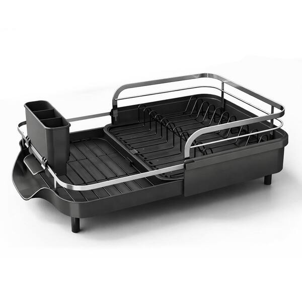 Black Stainless Steel Dish Drying Rack with Drainboard, Expandable Design and Utensil Holder for Kitchen Counter