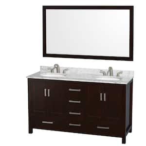Sheffield 60 in. W x 22 in. D x 35 in. H Double Bath Vanity in Espresso with White Carrara Marble Top and 58" Mirror