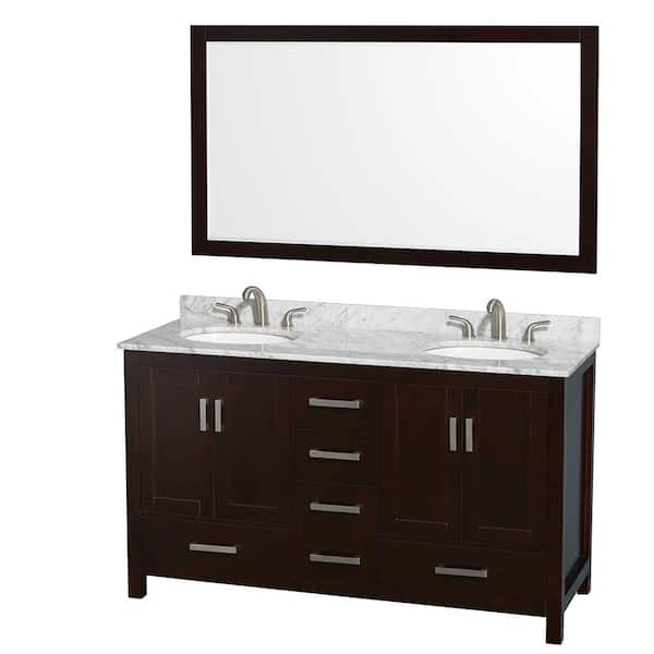 Wyndham Collection Sheffield 60 in. W x 22 in. D x 35 in. H Double Bath Vanity in Espresso with White Carrara Marble Top and 58" Mirror