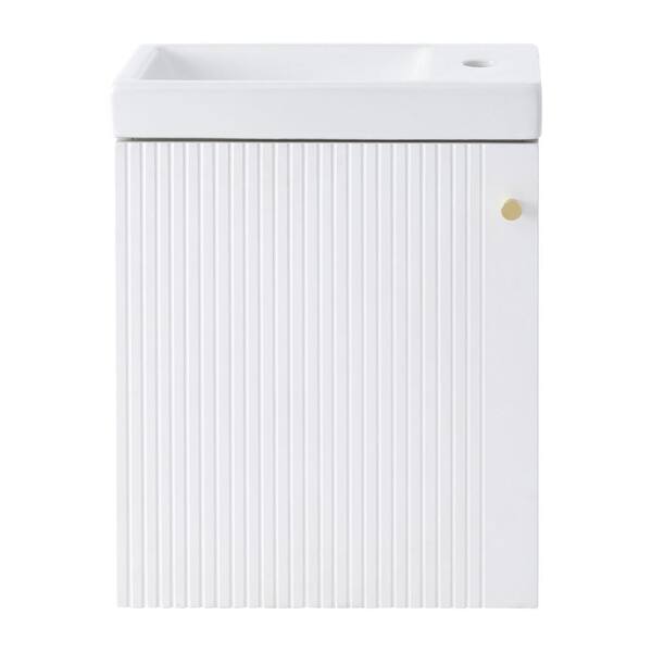 Polibi 16 in. W Single Sink Floating Bath Vanity in White with White Ceramic Top, 1 Door and 1 Shelf