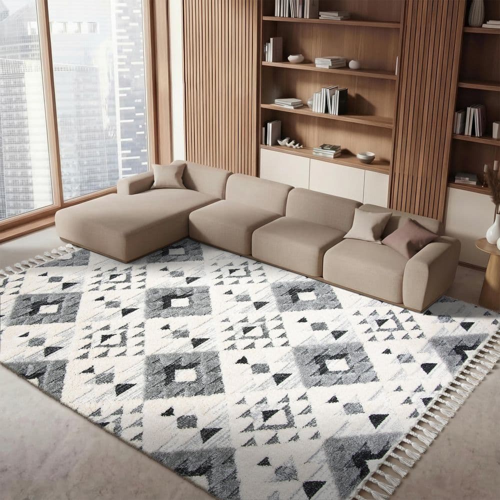 Moroccan Tassel Shag 8 ft. x 8 ft. Square Ivory/Gray High-Low Geometric Fringe Area Rug price history on PriceWatchPro