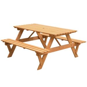 Outdoor Wooden Patio Deck Garden 6-Person Picnic Table, for Backyard, Garden, Stained