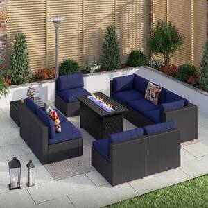10-Piece Wicker Patio Fire Pit Set with Blue Cushion