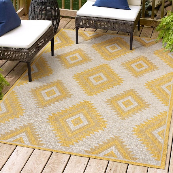 JONATHAN Y Lior Geometric Moroccan Diamond Yellow/Cream 8 ft. x 10 ft. Indoor/Outdoor Area Rug