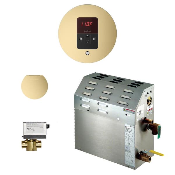 9 kW Steam Bath Generator with iTempo AutoFlush Round Package in Satin Brass