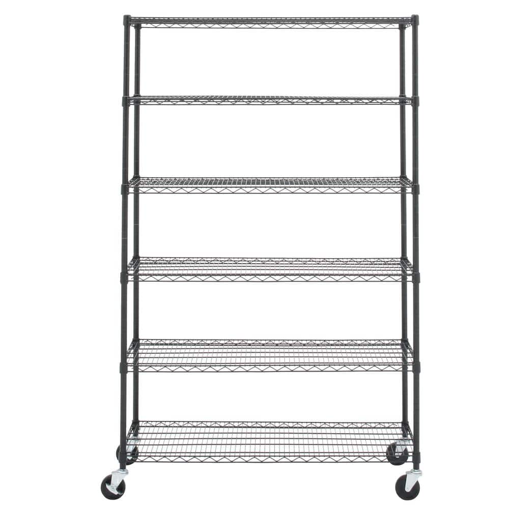 Black 6-Tier Steel Wire Shelving Unit with Wheels