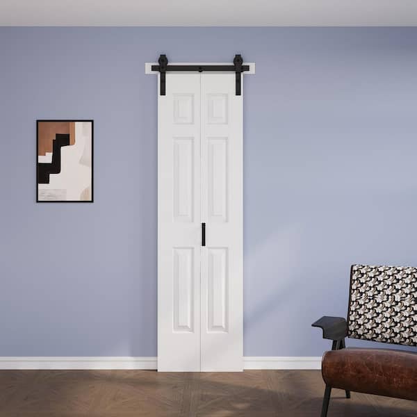 24 in. x 84 in. Assembled Bi-Fold 6 Panel White Primed DIY Available Hollow Core MDF Sliding Barn Door with Hardware Kit