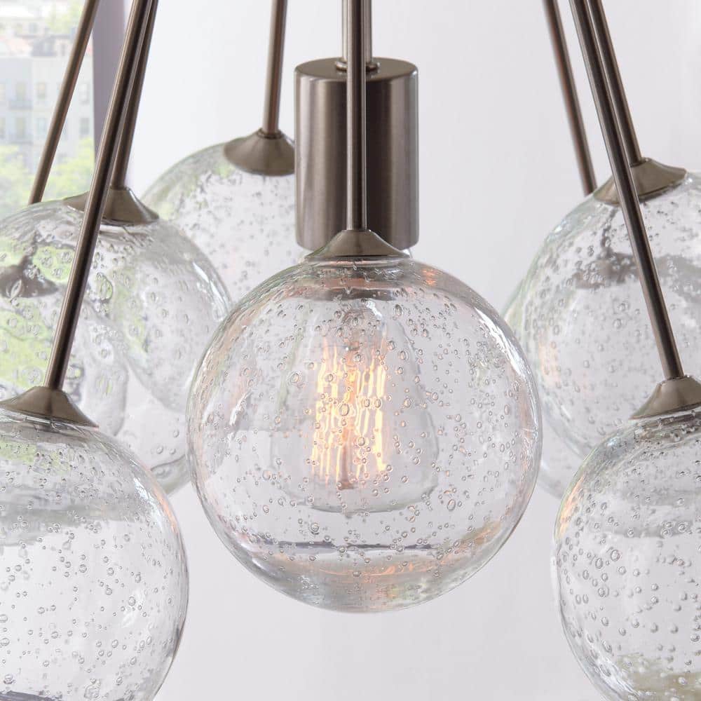 Elegant Mid-Century Satin Brass Globe Pendant with Seeded Glass