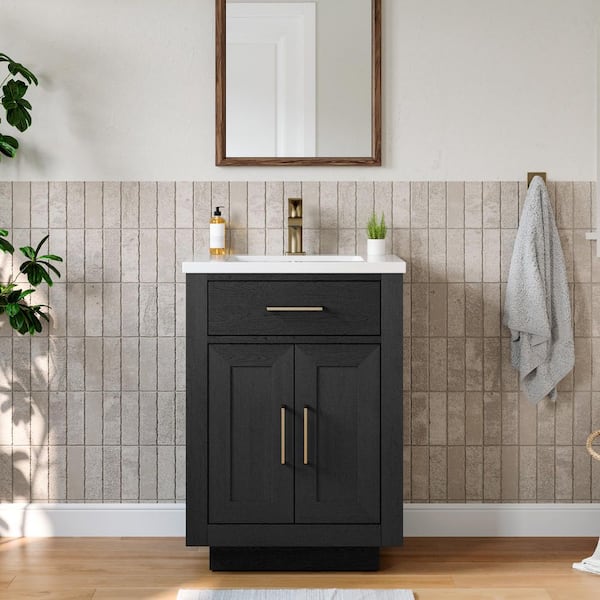 JimsMaison 24 in. W x 17.75 in. D x 32.75 in. H Freestanding Bath Vanity in Black Oak with White Resin Top