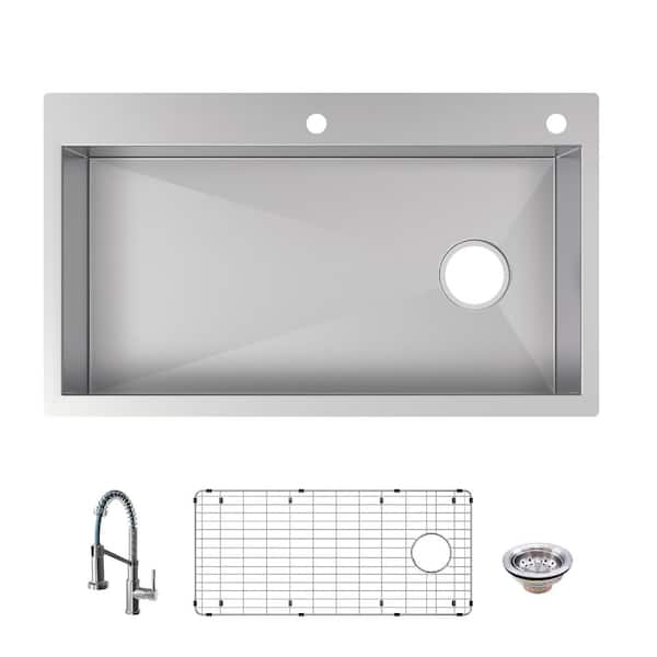 Glacier Bay Professional Zero Radius 36 in. Drop-In Single Bowl 16 Gauge Stainless Steel Kitchen Sink with Spring Neck Faucet