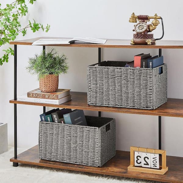 Gray 17.2 in. x 10.3 in. Paper Decorative Basket with Handles Set
