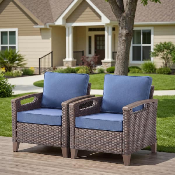 Bellefurn Concave 2-Piece Brown Wicker Outdoor Lounge Chair Seating Set with Deep Blue Cushion Patio Arm Chair