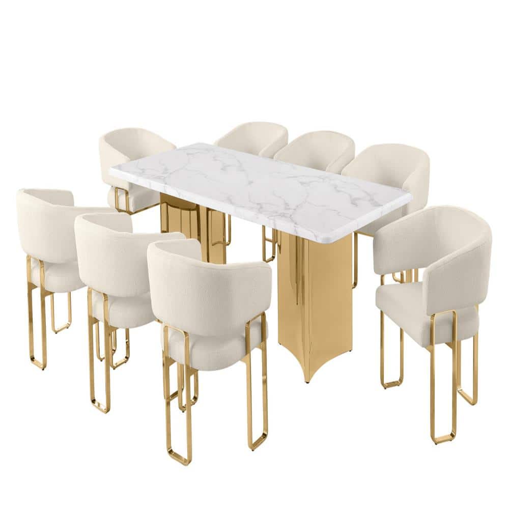 Judy 9-Piece Rectangle White Marble Top Gold Stainless Steel Base Dining Set With 8 Cream Chairs price history on PriceWatchPro