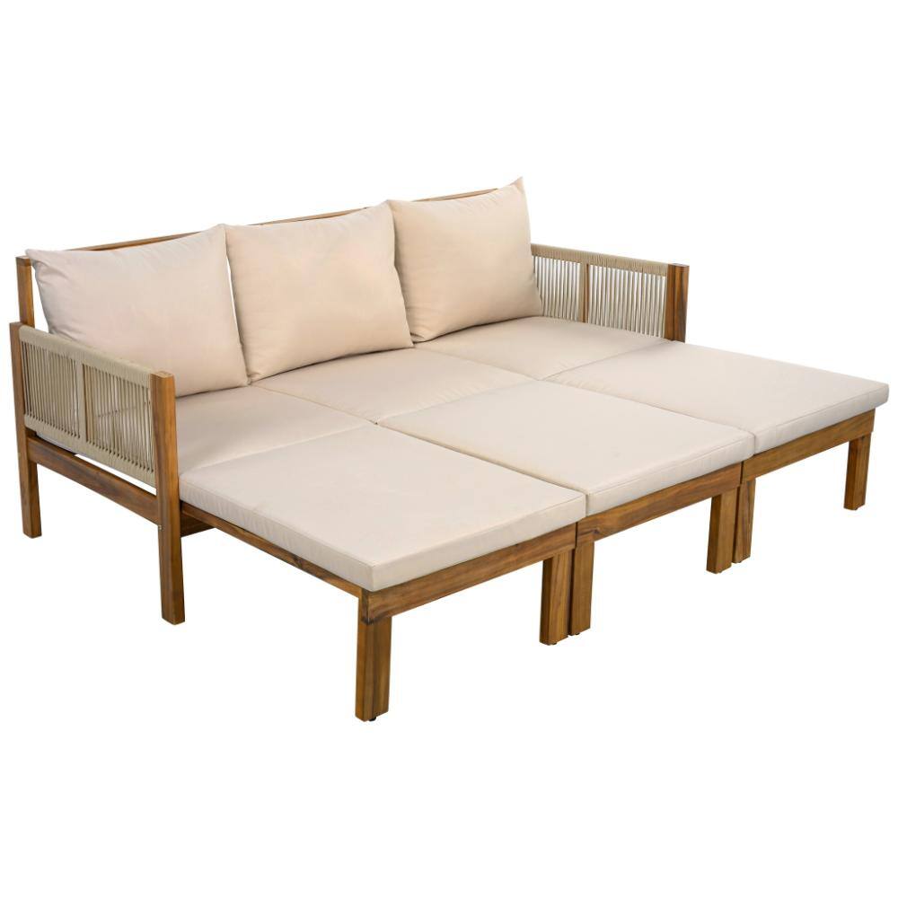 30.1 in. W x 73.2 in. D x 29.7 in. H Outdoor Convertible Sofa Daybed, Acacia Wood Frame, Brown Cushion