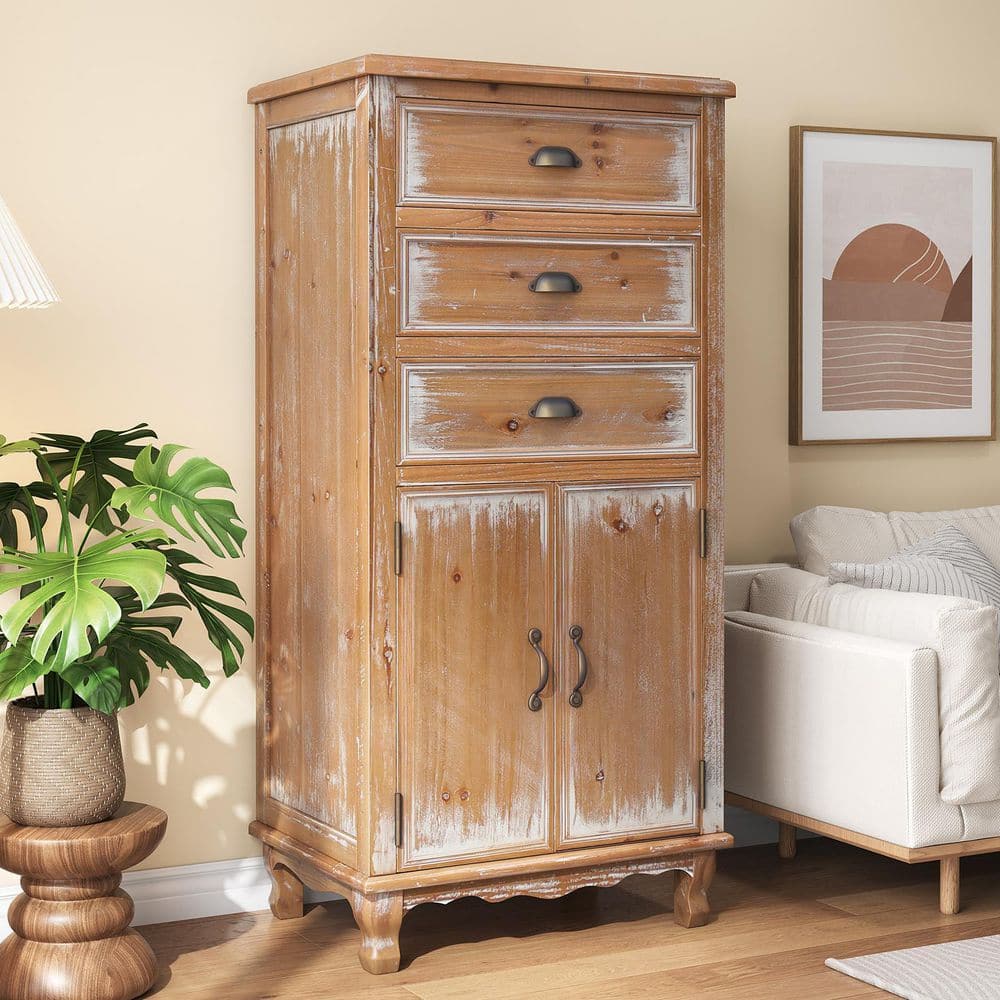 Natural Wood 50.79 in. Rustic Distressed Storage Cabinet with Decorative Bun Feet and 3 Drawers