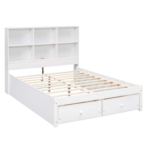Nestfair White Wood Frame Full Size Platform Bed with Storage Headboard, Charging Station and 2-Drawers