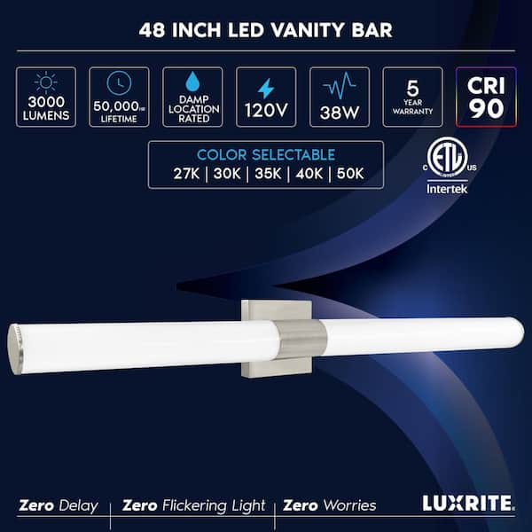 48 in. Brushed Nickel Fixture 5 CCT 2700K-5000K Vanity One Light 38W 3000 Lumens Dimmable Damp Rated ETL Listed