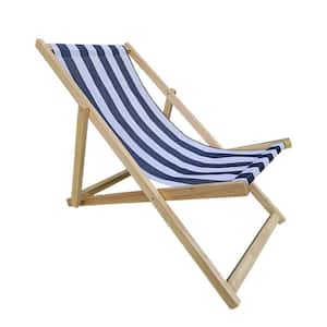 Folding Portable Dark Blue Canvas Wood Outdoor Lounge Chair