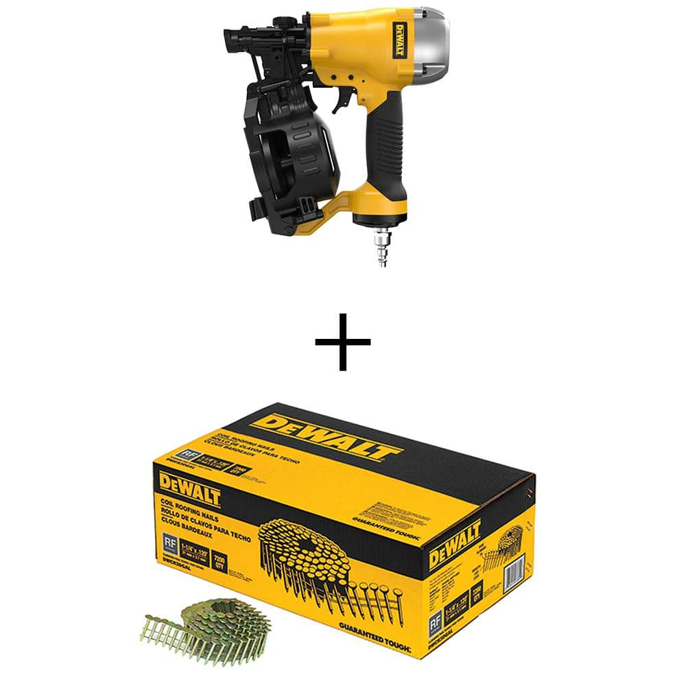 DEWALT 1-3/4 in. 15° Pneumatic Coil Roofing Nailer with 1-1/4 in. x 0.120-Gauge Steel Coil Roofing Nails (7,200 Pack)