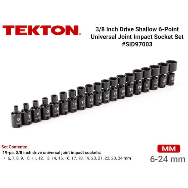 TEKTON 3/8 in. Drive 6-Point Universal Joint Impact Socket Set, 19