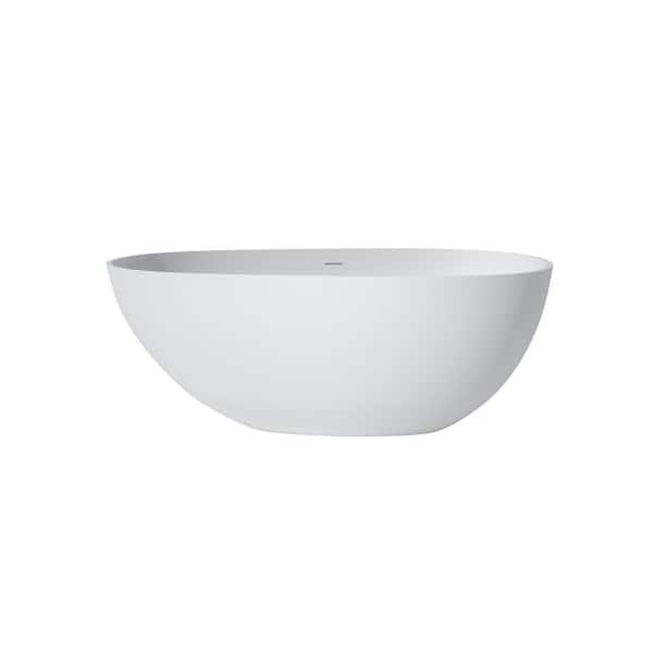 59.10 in. x 30.70 in. Flat Bottom Solid Surface Freestanding Soaking Bathtub with Center Drain in Matte White