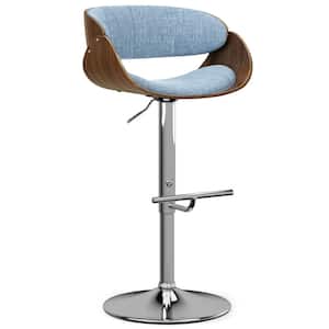 Amery 43.3 in. H Adjustable Swivel Bar Stool Chair in Denim Blue Linen Look Fabric, Metal and Walnut Veneer Plywood