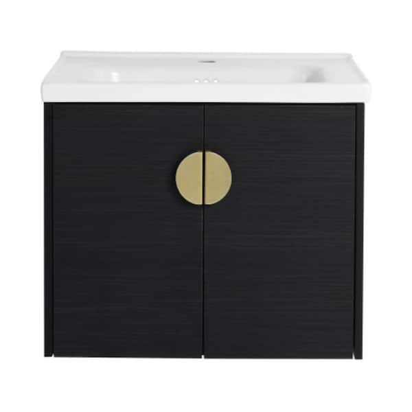Sanlan GLEM05 24.00 in. W x 18.50 in. D x 20.70 in. H Single Sink Floating Bath Vanity in Black with White Solid Surface Top