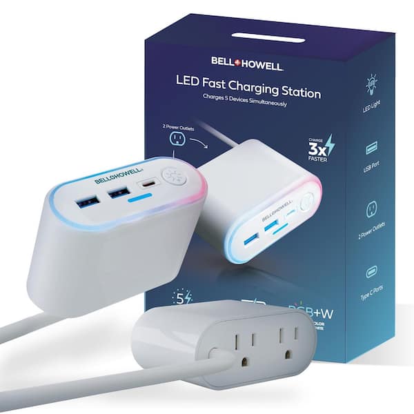 Bell + Howell LED Multi Fast Charging Station 2 AC Outlets, 2 USB-A, and 1 USB-C Ports Charging Extension with RGB Night Light