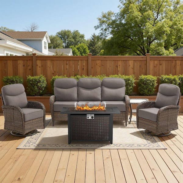 High Crescent 5-Piece Brown Wicker Patio Conversation Set with Gray Cushions and Steel Fire Pit Table