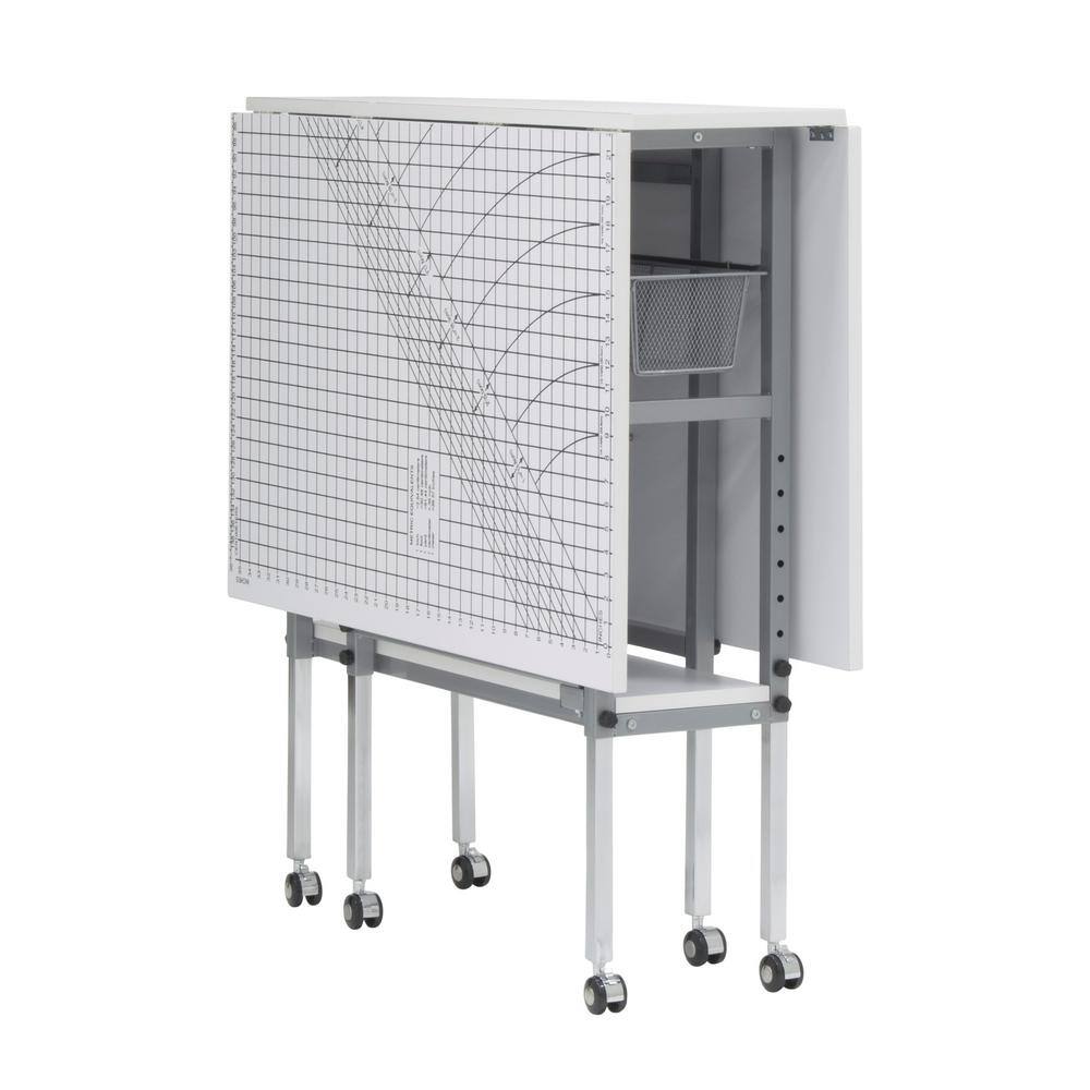 Adjustable Silver and White Folding Cutting Table with Grid Top