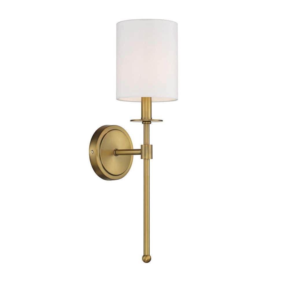 Elegant Natural Brass and White Fabric 20" Wall Sconce