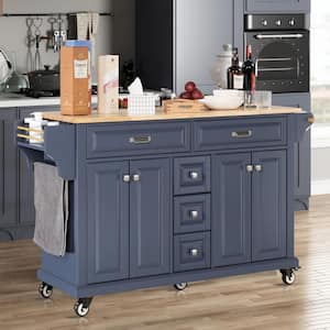 Blue MDF Kitchen Cart with 4 Door Cabinet, Spice Rack and Towel Rack