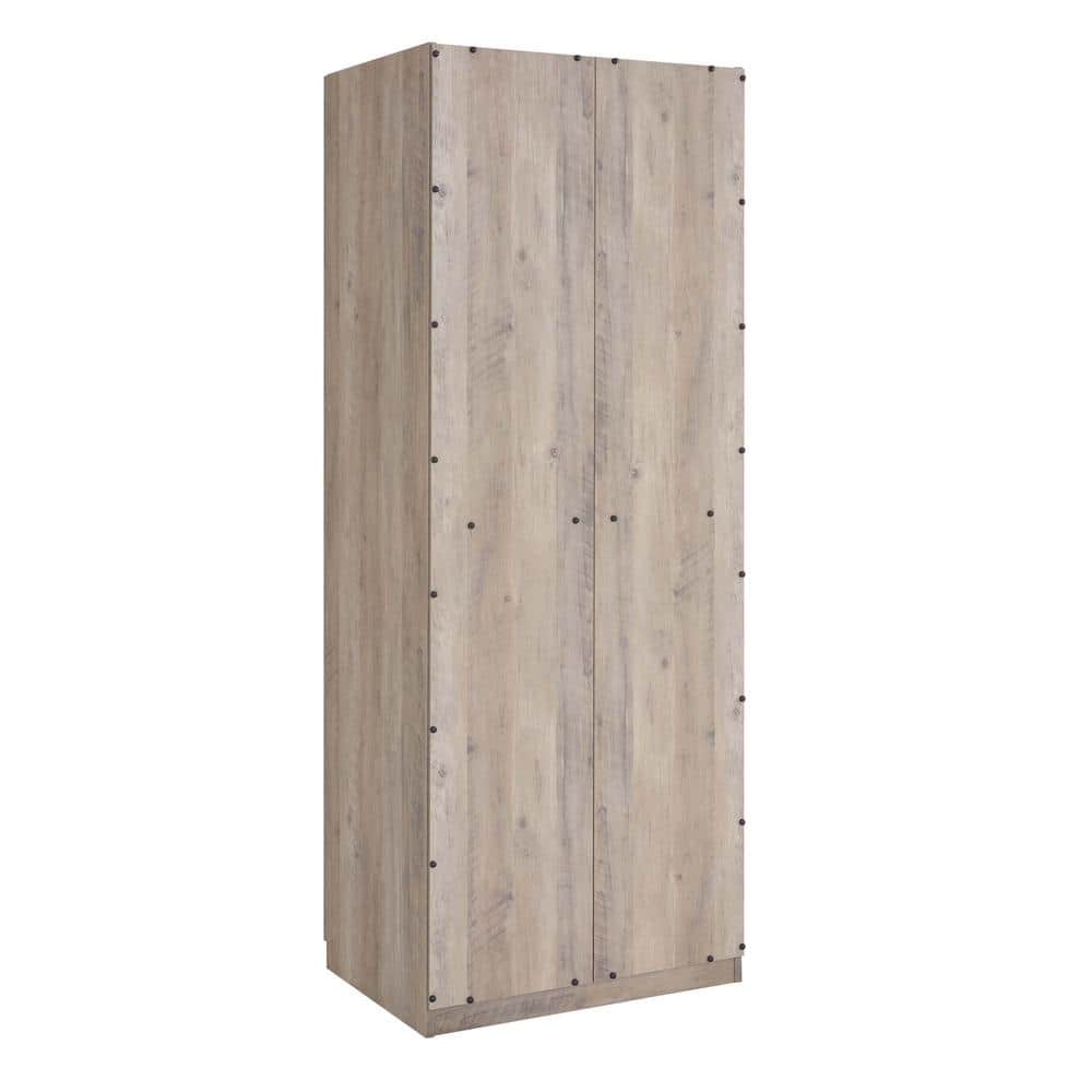Rustic Gray 2-Door Hinged Wardrobe Closet with Metal Handles