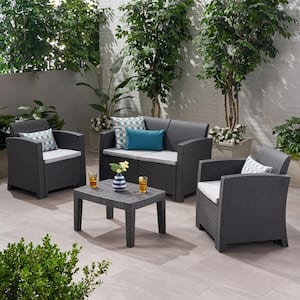 Set of 4 PE Wicker Outdoor Chat Set, Casual Sectional Sofa Set with Coffee Table and White Cushions - Black