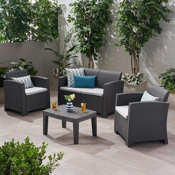Unbranded Set of 4 PE Wicker Outdoor Chat Set, Casual Sectional Sofa Set with Coffee Table and White Cushions - Black