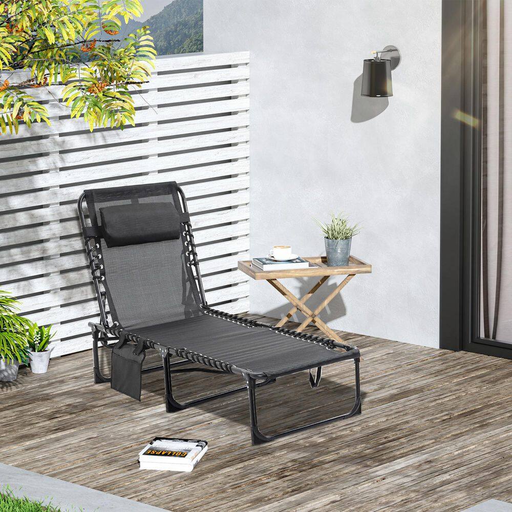 Black Metal Portable Outdoor Chaise Lounge with Adjustable Backrest and ...
