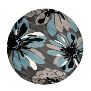 Blue Modern Flowers 6 ft. 6 in. Round Area Rug