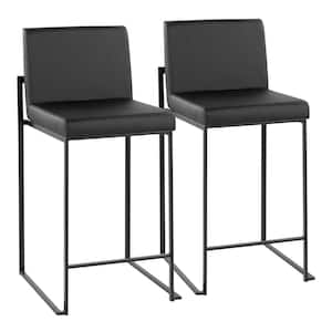 Fuji 35.5 in. Black Faux Leather and Black Steel High Back Counter Height Bar Stool (Set of 2)