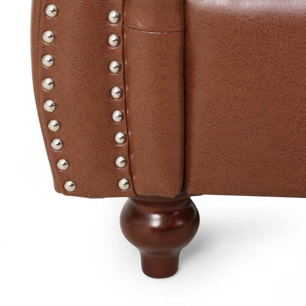 Cognac Brown Faux Leather Loveseat with Espresso Wood Accents