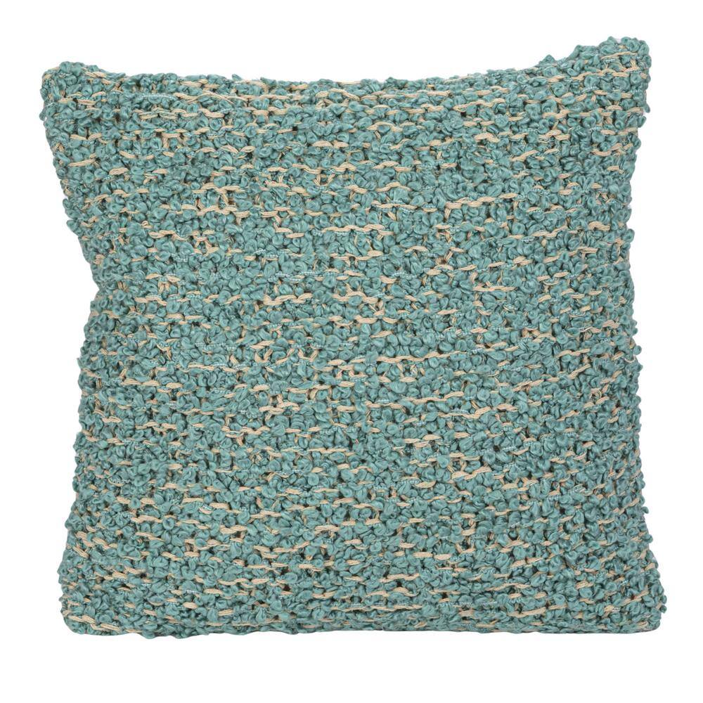 Blue and Cream Woven Cotton Blend Bouclé Pillow, 20" Square