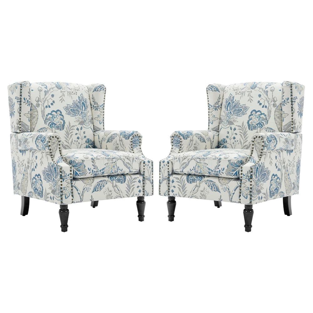 Uixe Plants Blue Linen Upholstered High Back Accent Arm Chair with