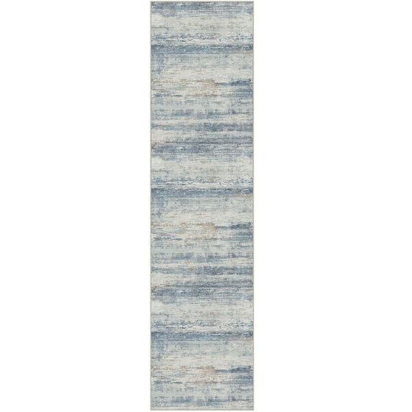 Sunset Over Sea Blue/Gold 2 ft. x 8 ft. Washable Modern Abstract Runner Rug