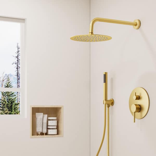 Rainspire 3-Spray 10 in. Wall Mount Round Dual Shower Head and Hand Shower 1.8 GPM in Brushed Gold (Valve Included)