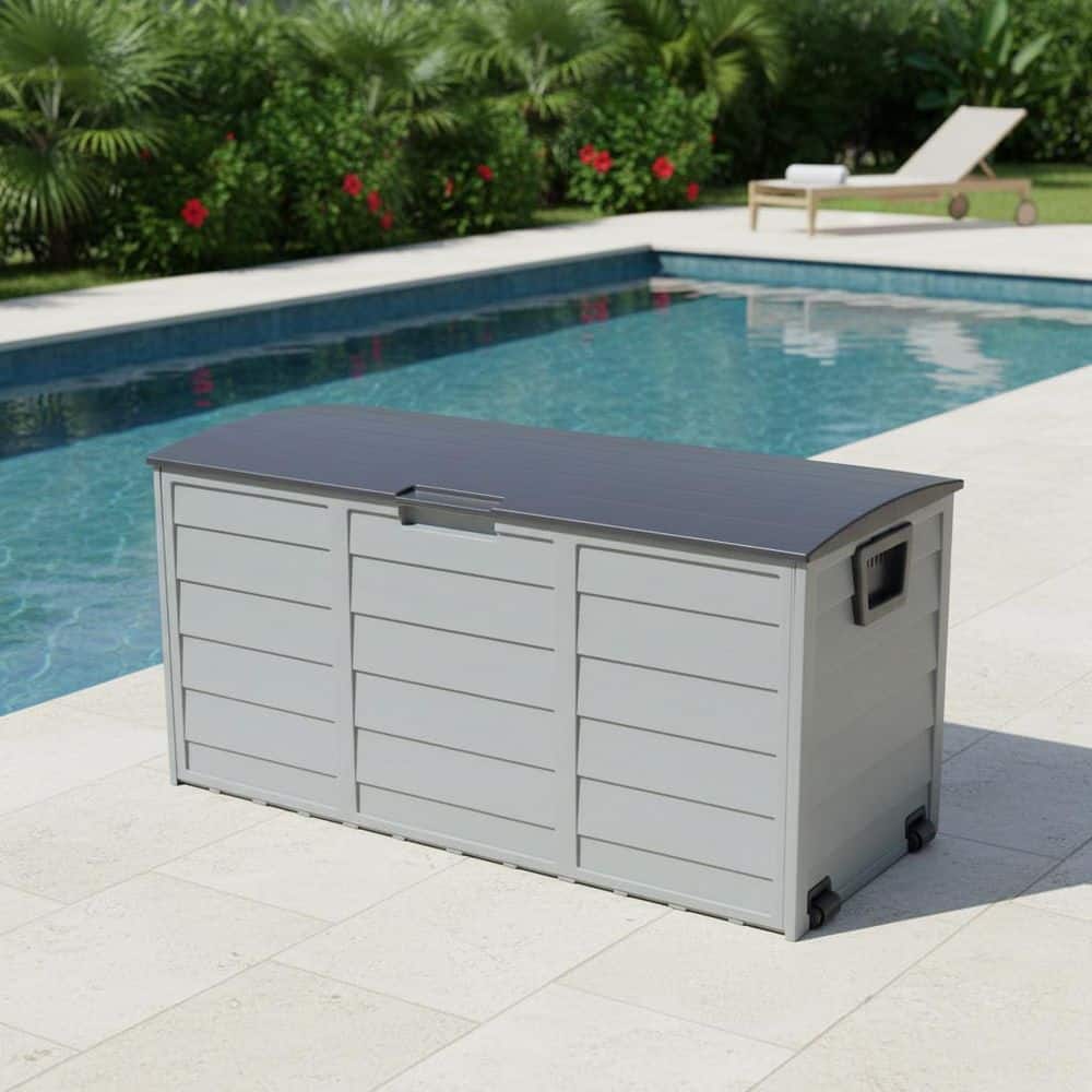 Gray All-Weather 75 Gal. Plastic Deck Box Storage Bin with Wheels for Patio Furniture, Outdoor Cushions, Garden Tools
